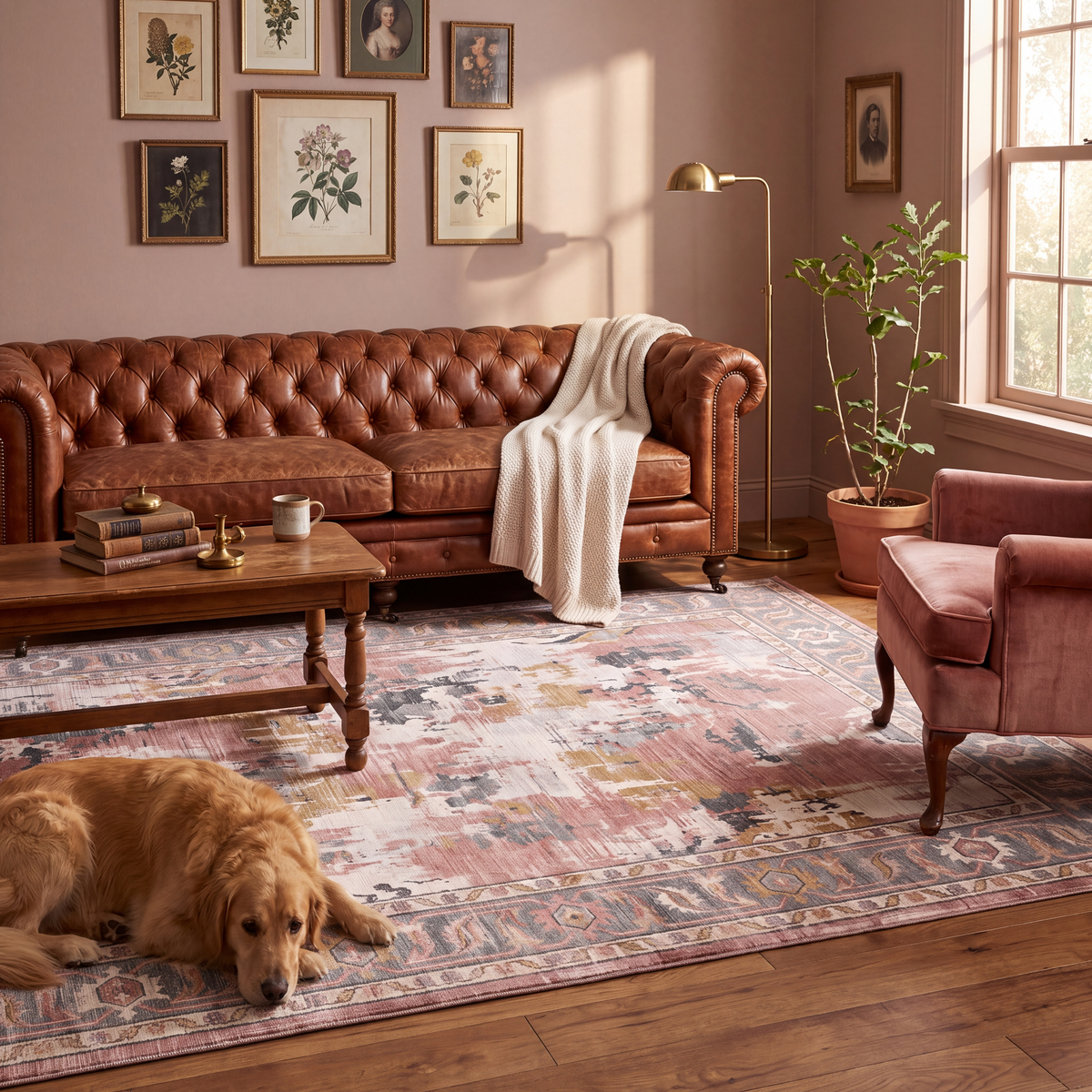 A dog resting on the rug in a living room.