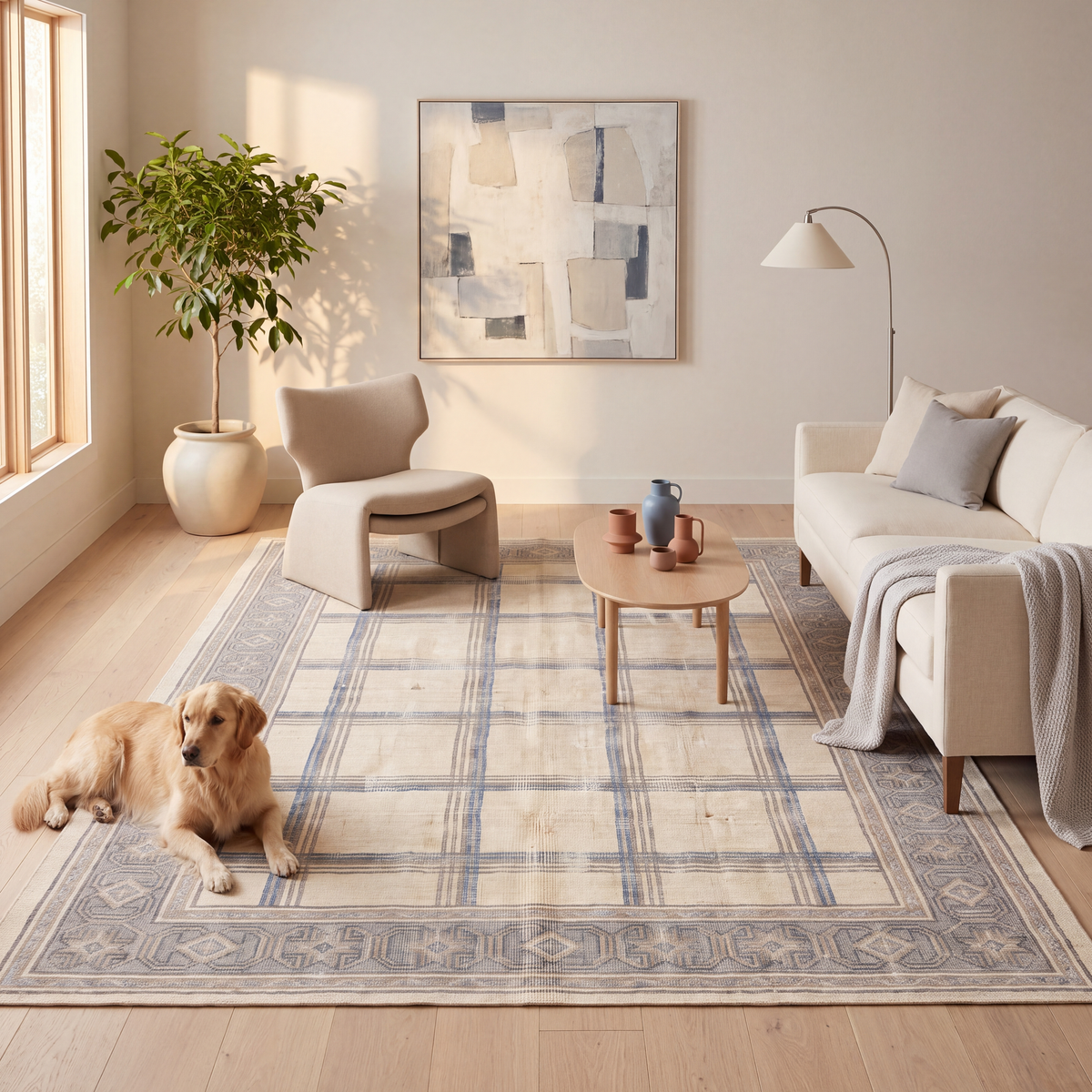 A dog resting on the rug in a living room.