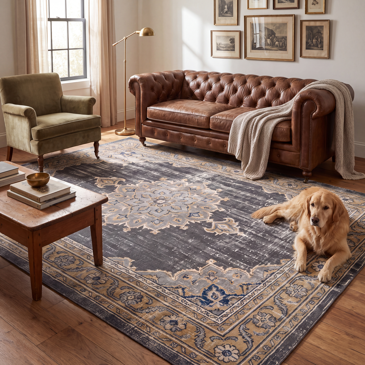 A dog resting on the rug in a living room.