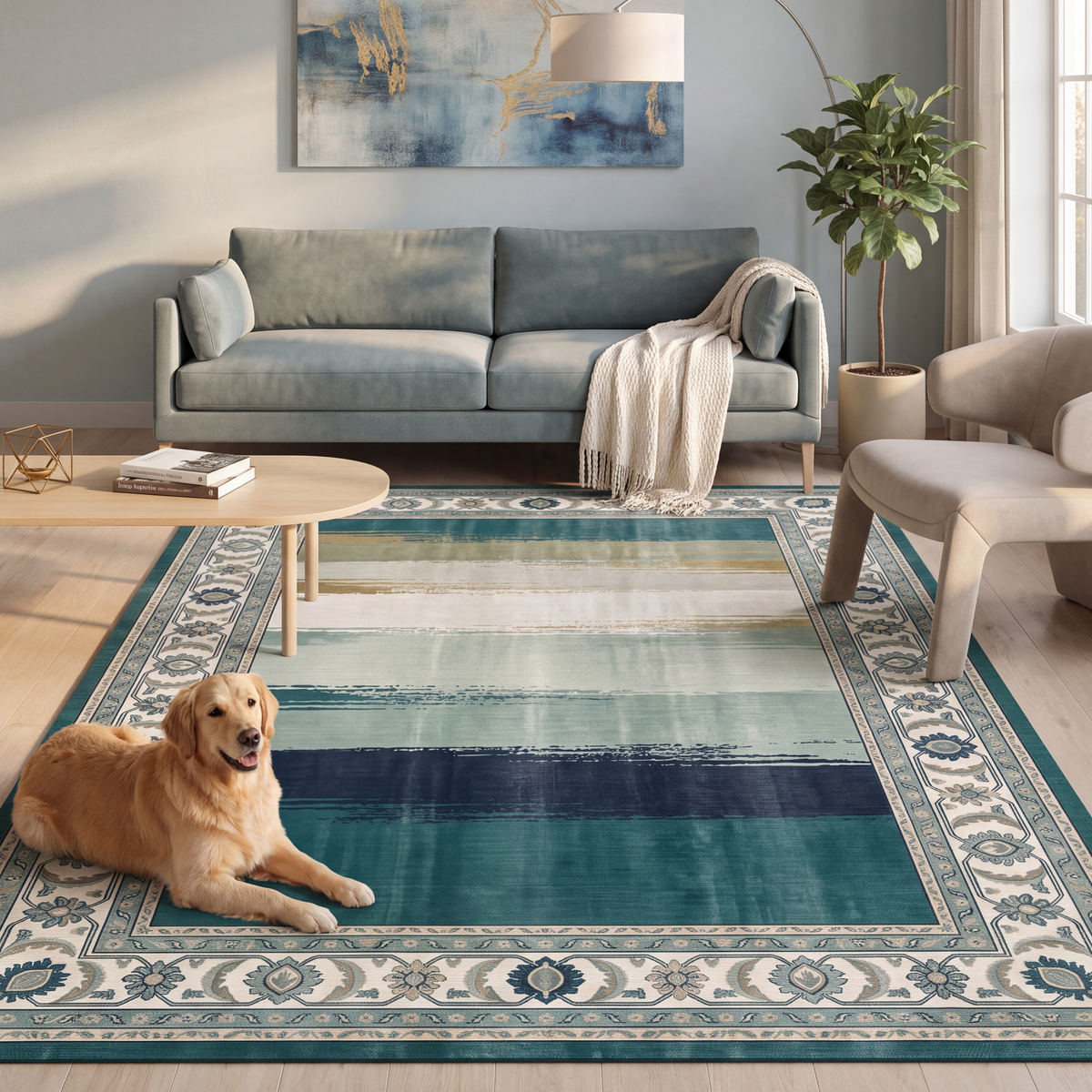 A dog resting on the rug in a living room.