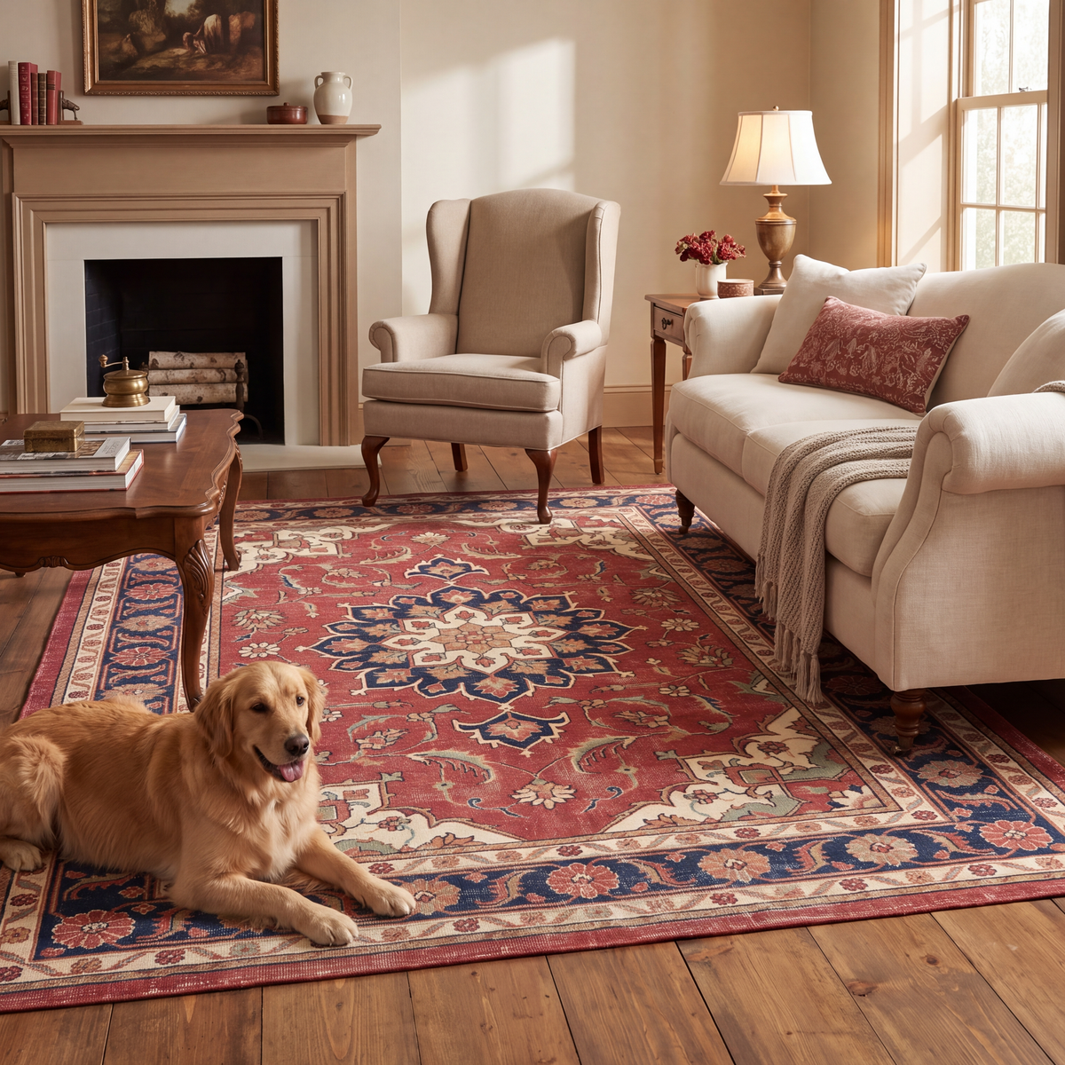 A dog resting on the rug in a living room.