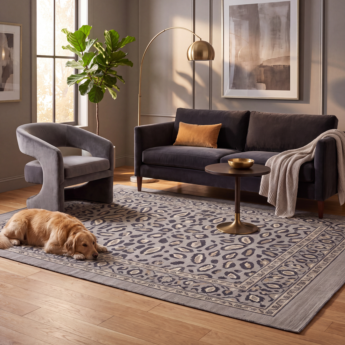 A dog resting on the rug in a living room.