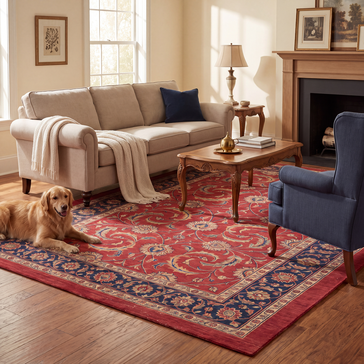 A dog resting on the rug in a living room.