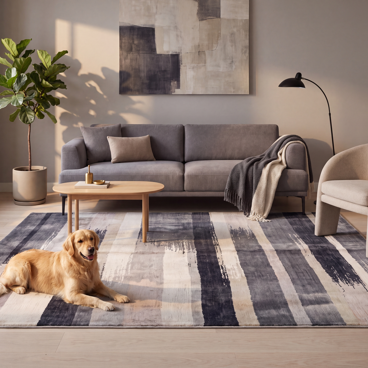 A dog resting on the rug in a living room.