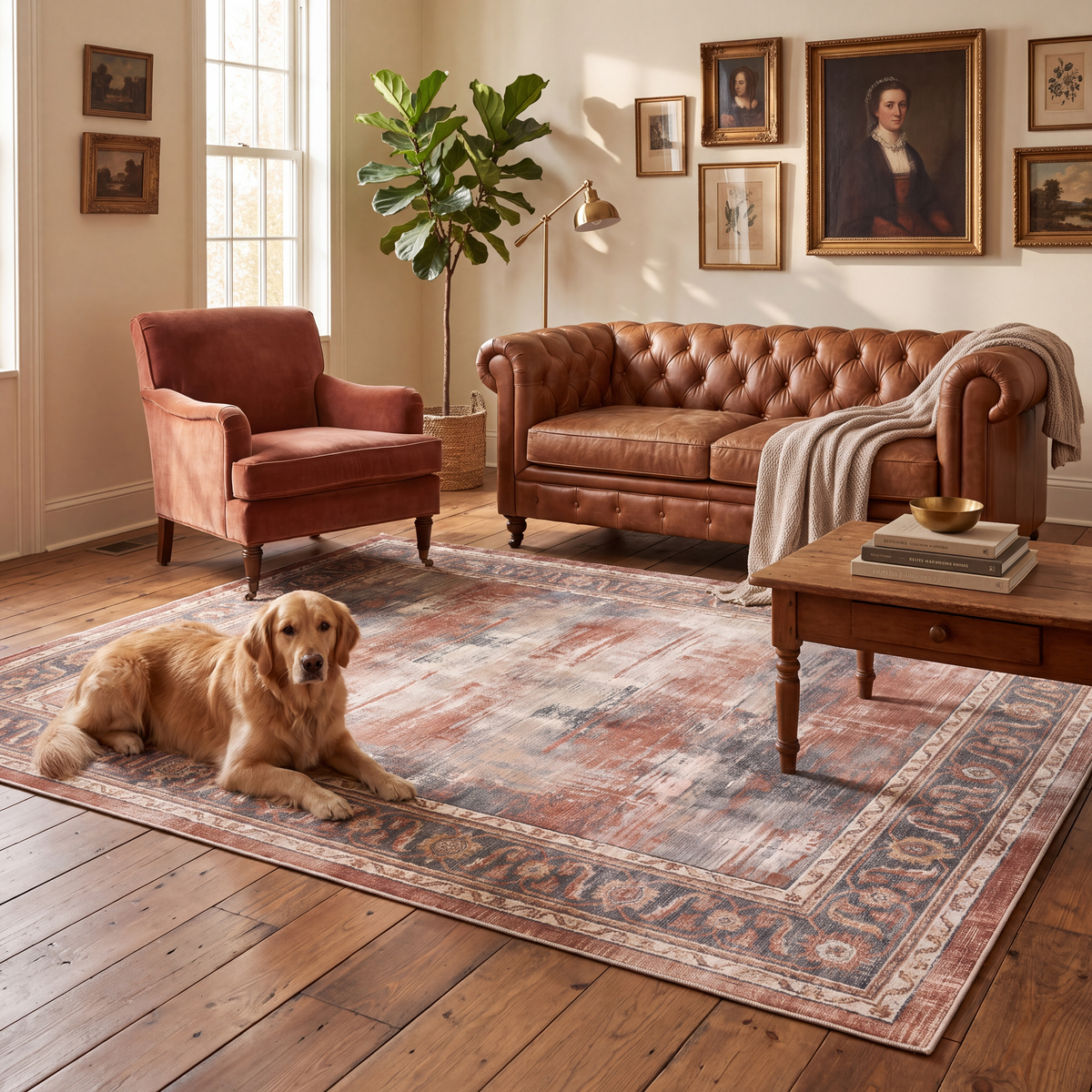 A dog resting on the rug in a living room.
