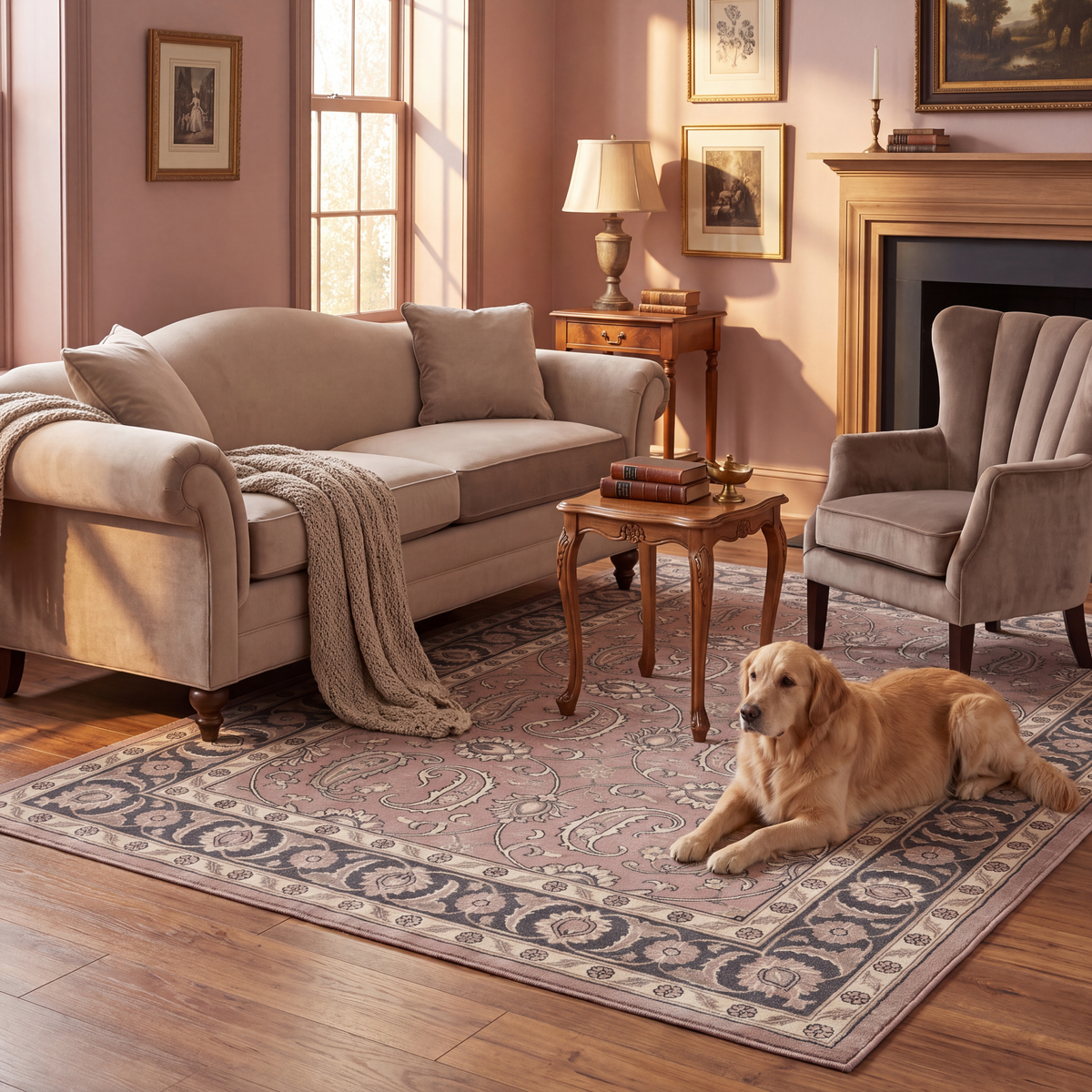 A dog resting on the rug in a living room.