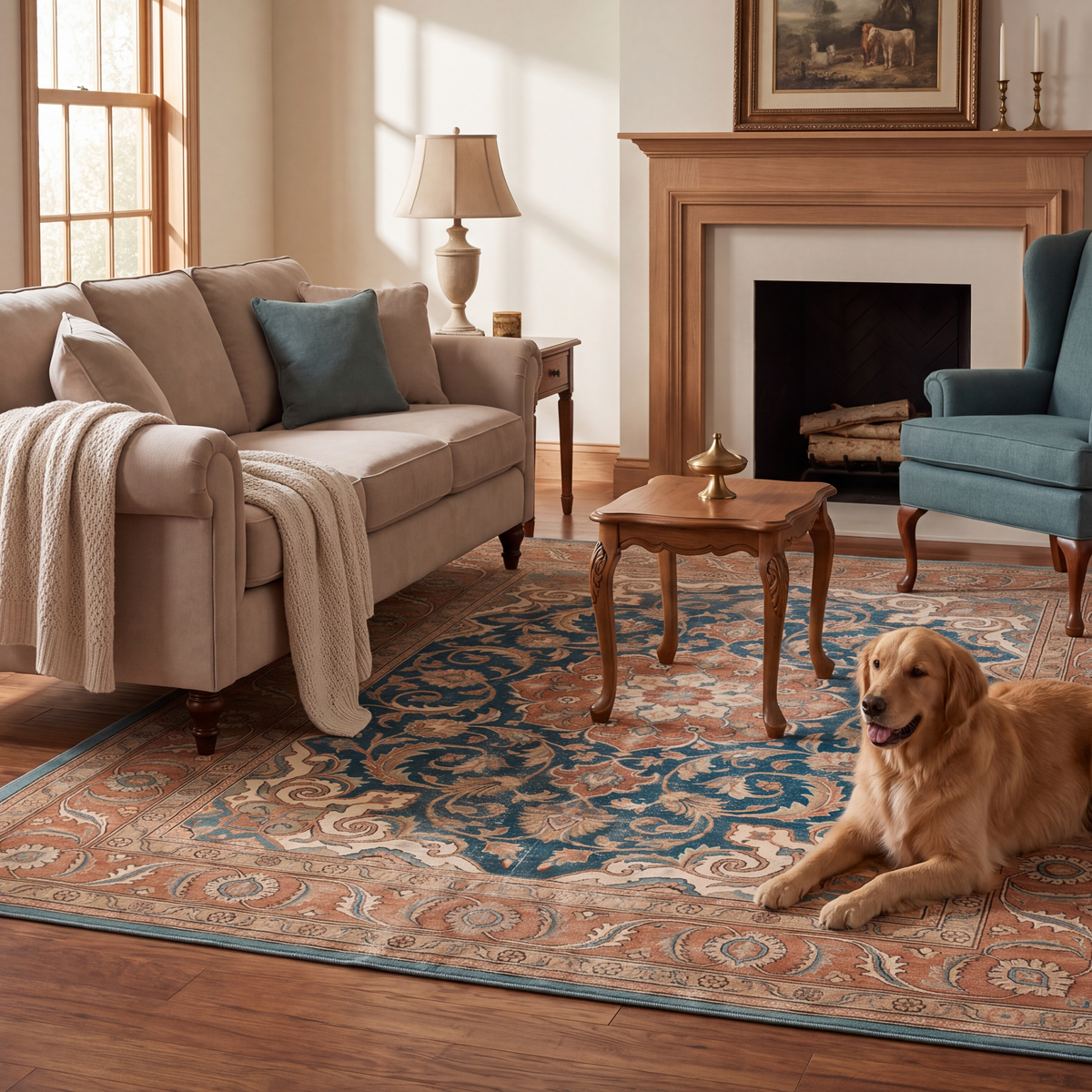 A dog resting on the rug in a living room.