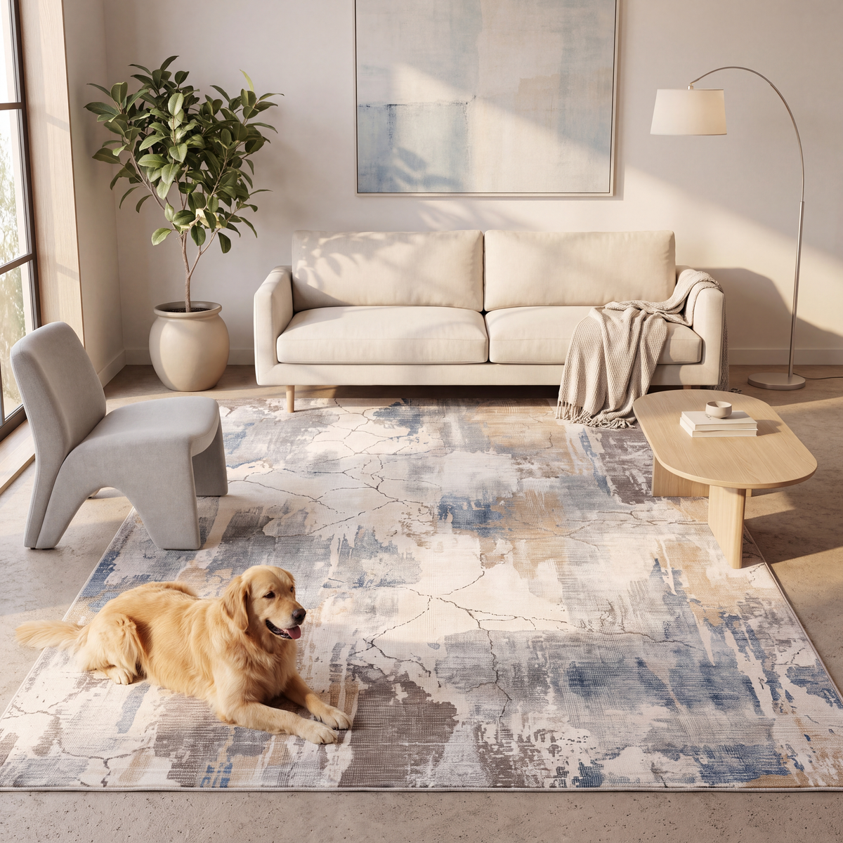 A dog resting on the rug in a living room.
