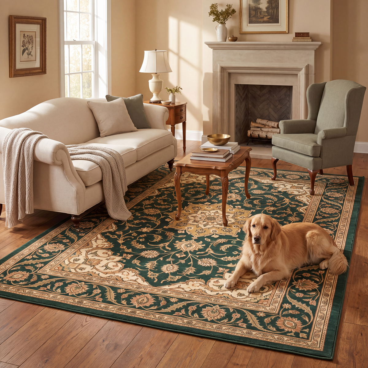 A dog resting on the rug in a living room.