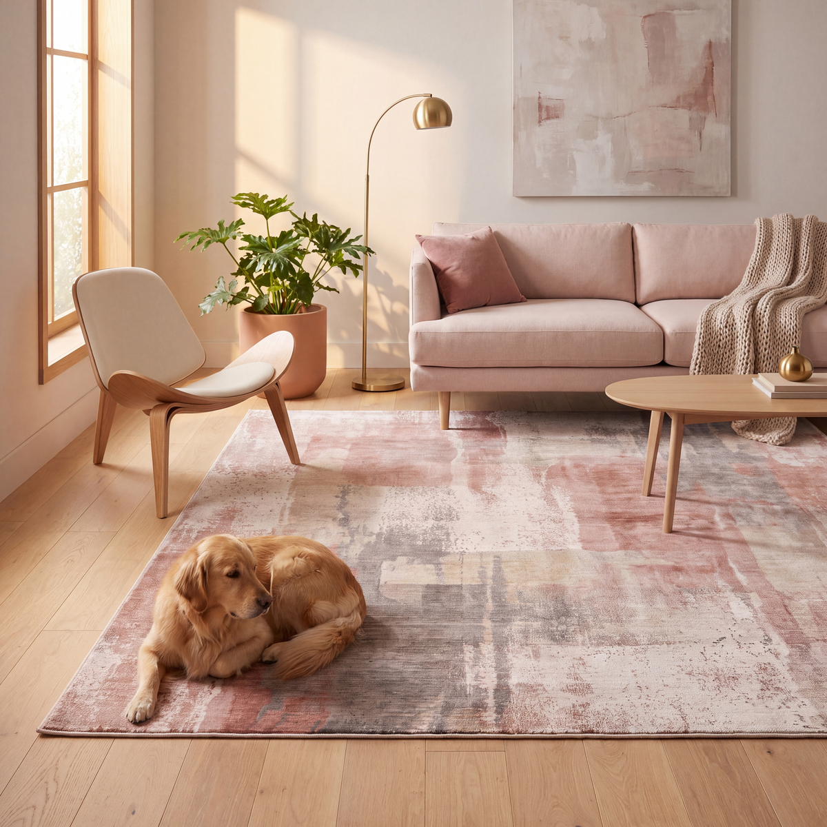 A dog resting on the rug in a living room.
