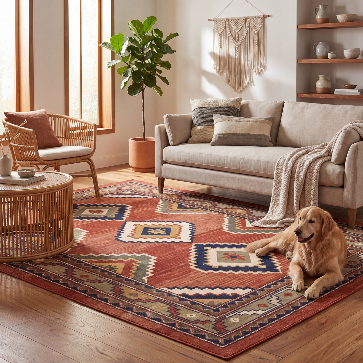 A dog resting on the rug in a living room.