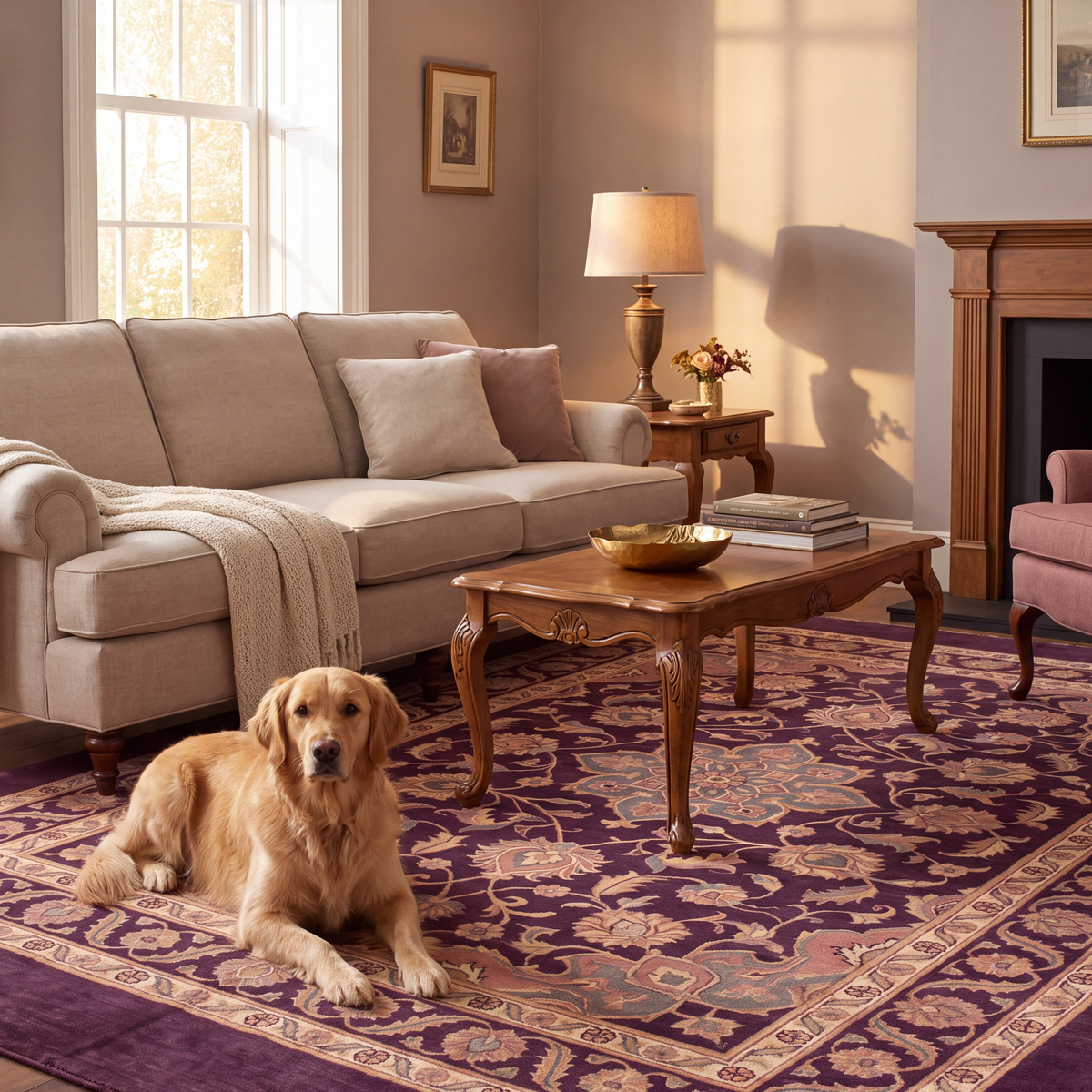 A dog resting on the rug in a living room.