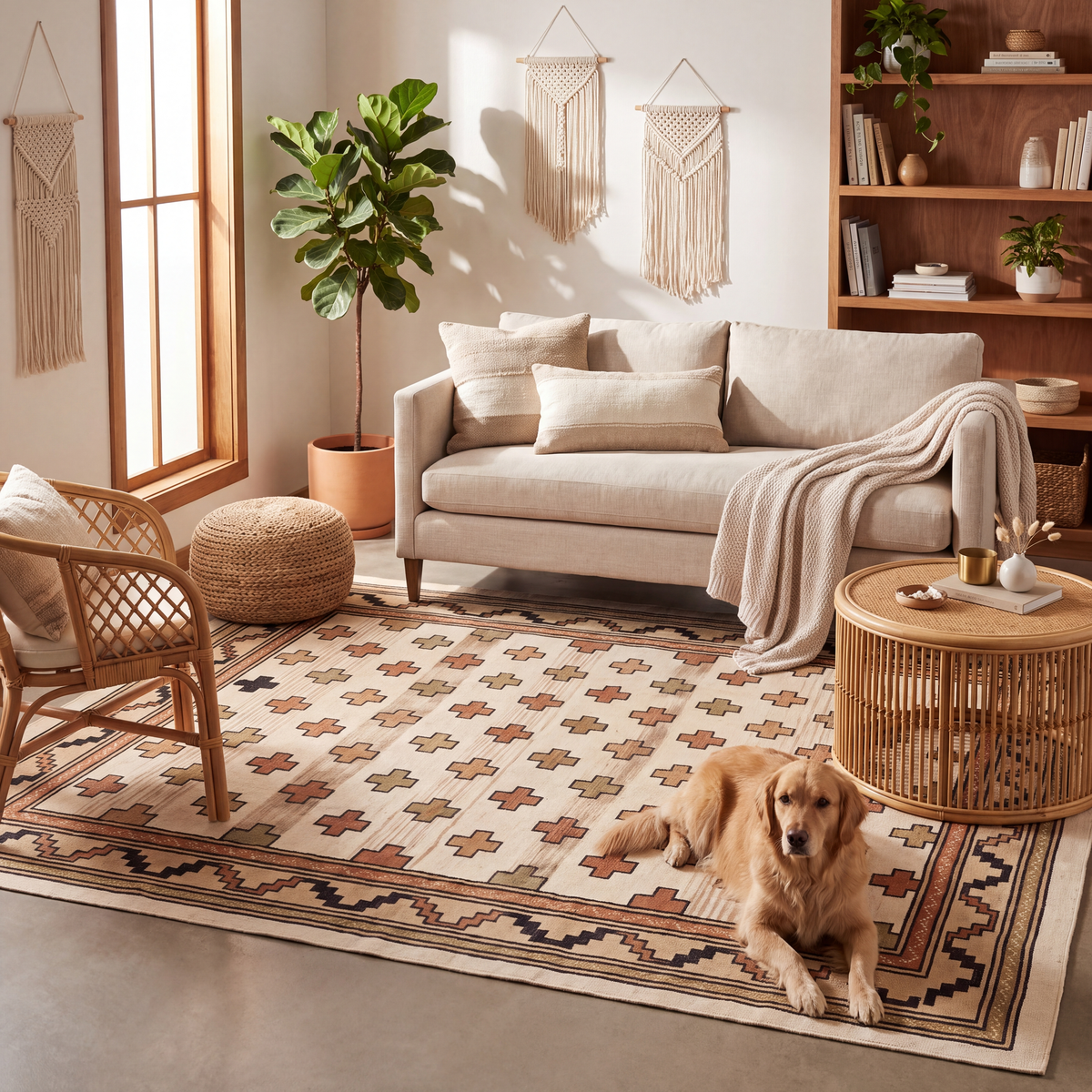 A dog resting on the rug in a living room.