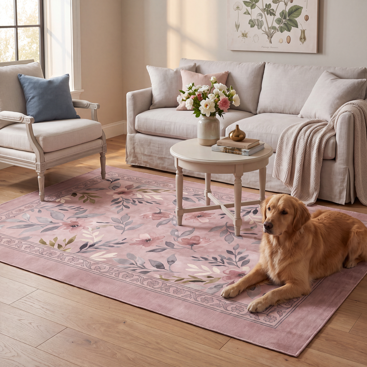 A dog resting on the rug in a living room.