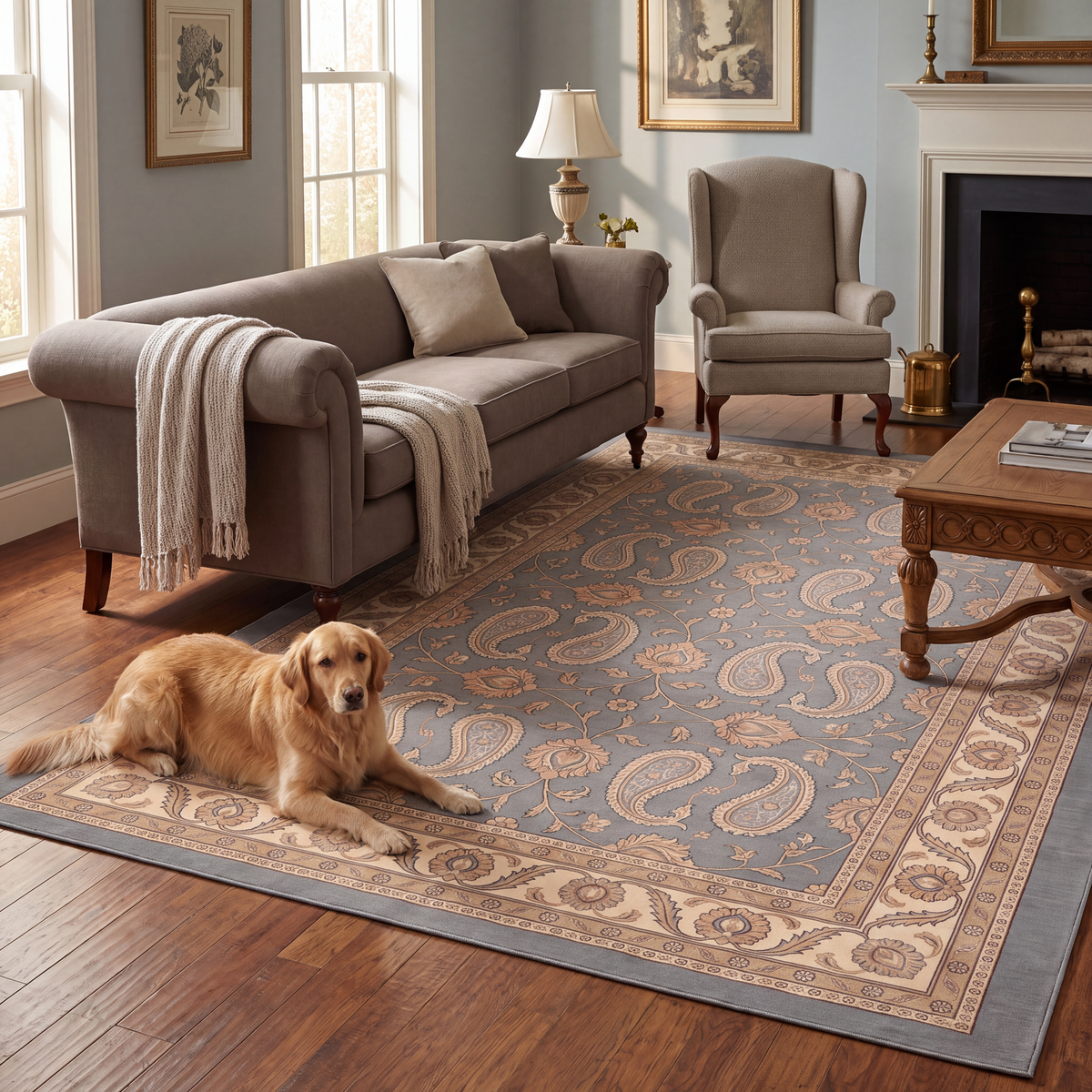 A dog resting on the rug in a living room.