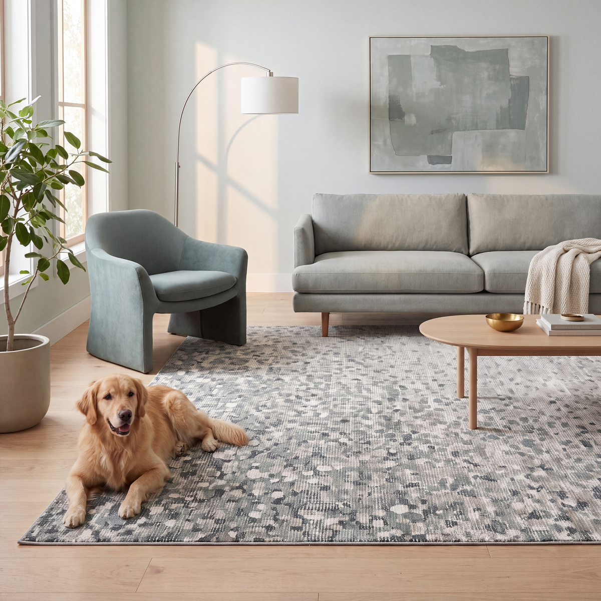 A dog resting on the rug in a living room.