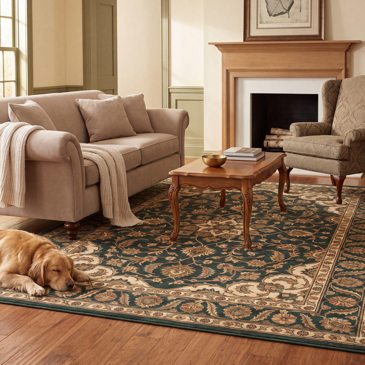 A dog resting on the rug in a living room.