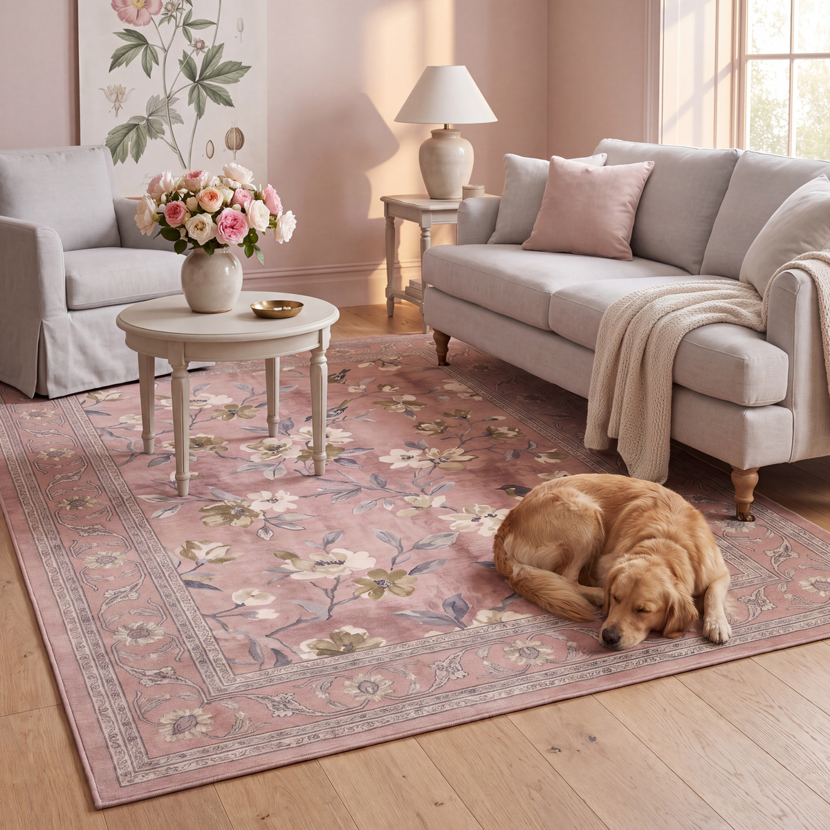 A dog resting on the rug in a living room.