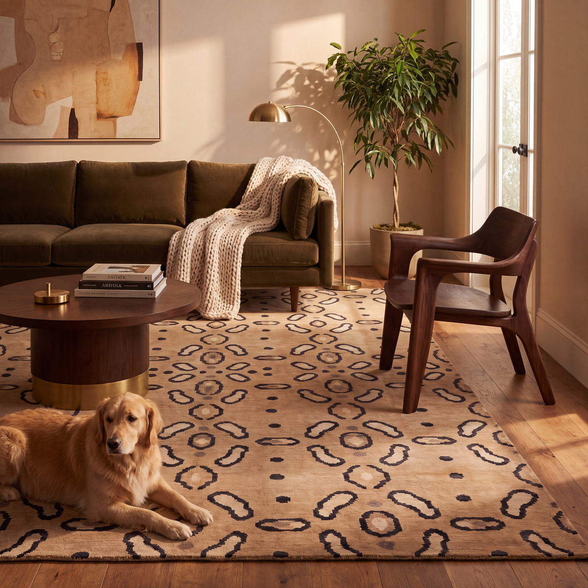 A dog resting on the rug in a living room.