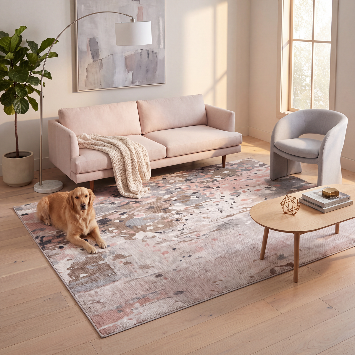 A dog resting on the rug in a living room.