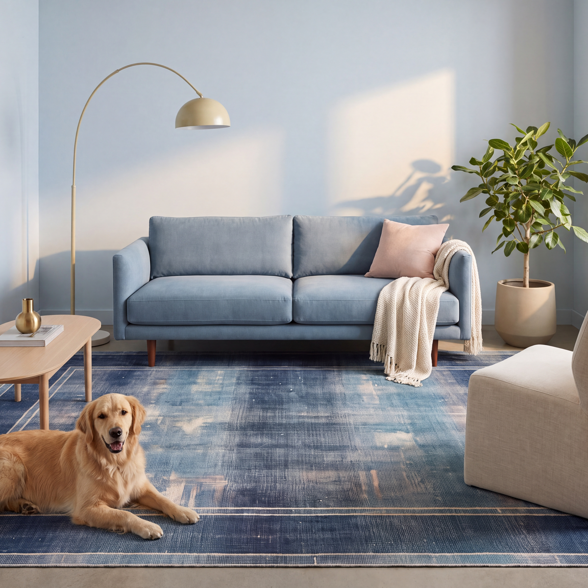 A dog resting on the rug in a living room.