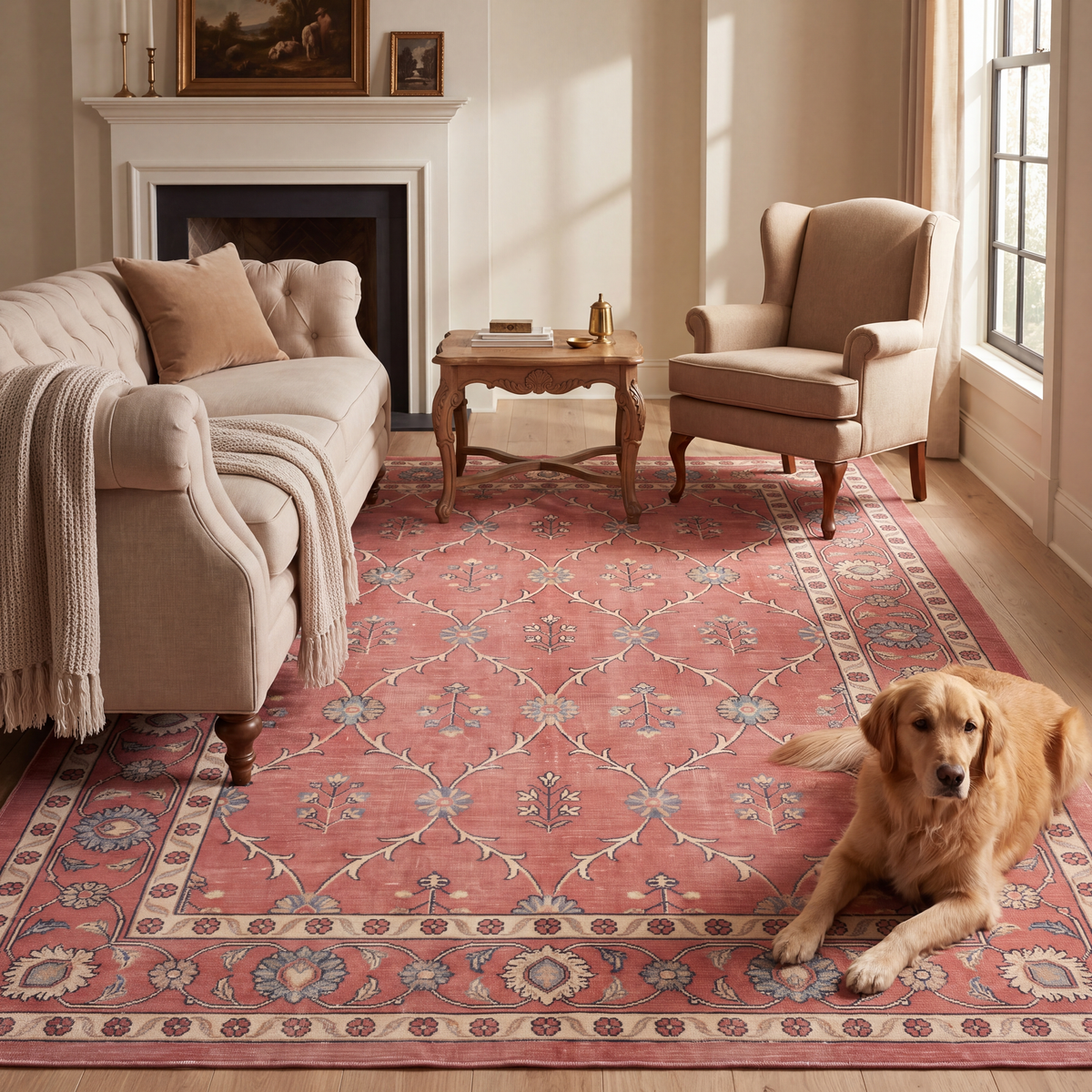 A dog resting on the rug in a living room.