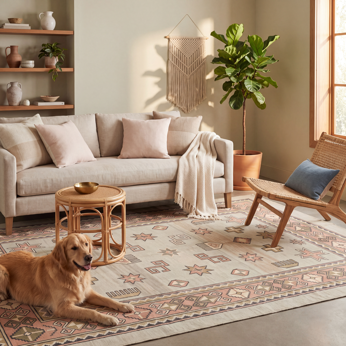 A dog resting on the rug in a living room.