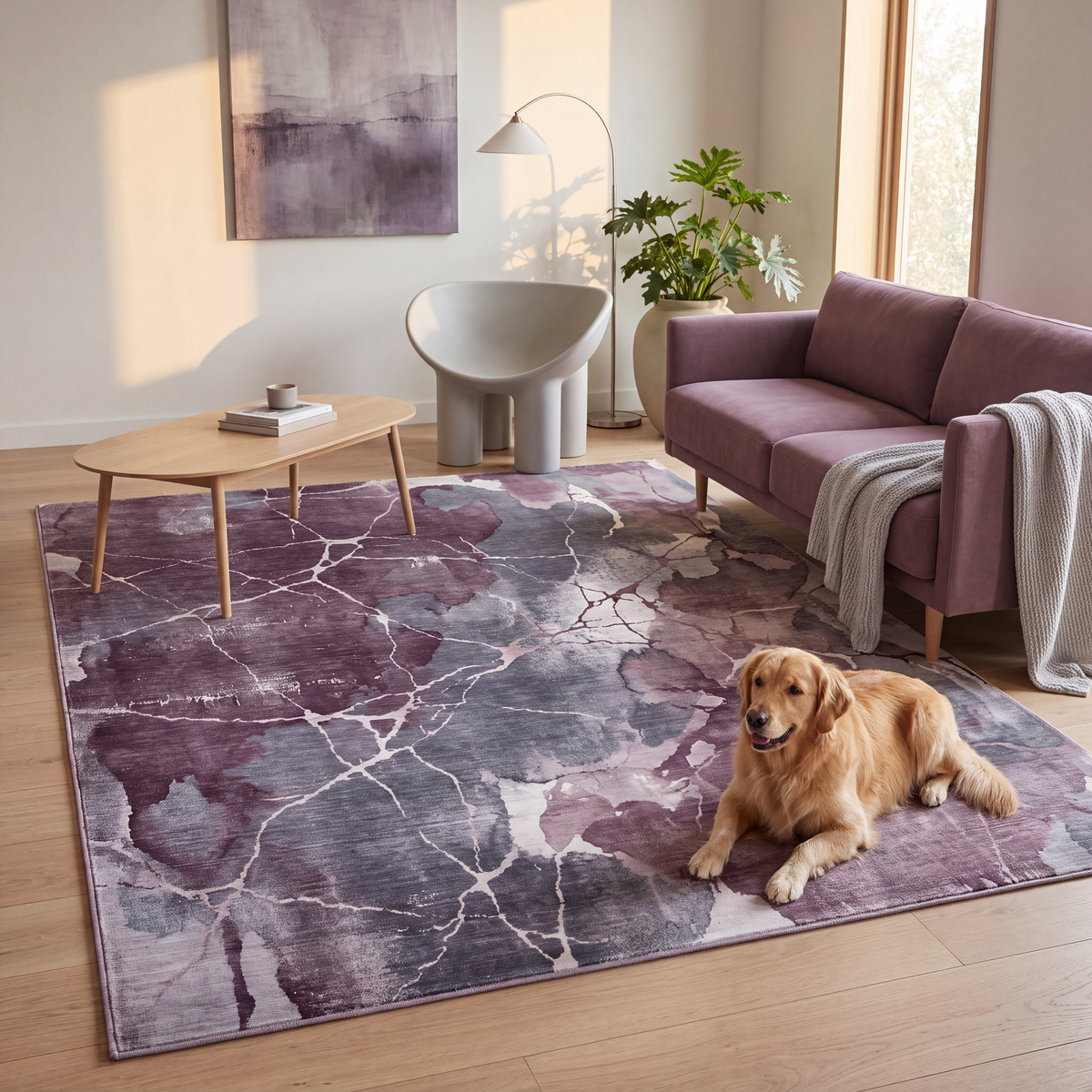 A dog resting on the rug in a living room.