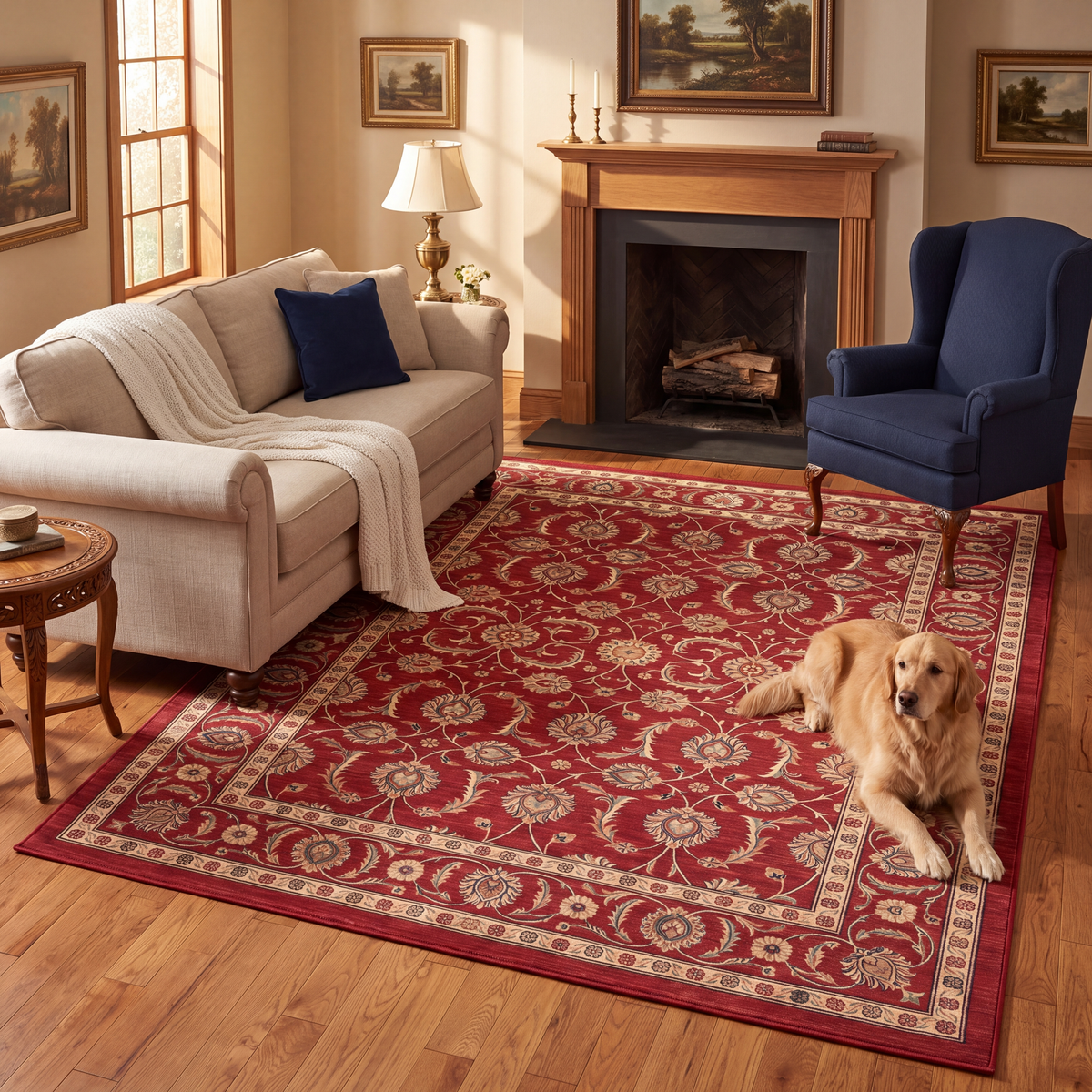A dog resting on the rug in a living room.
