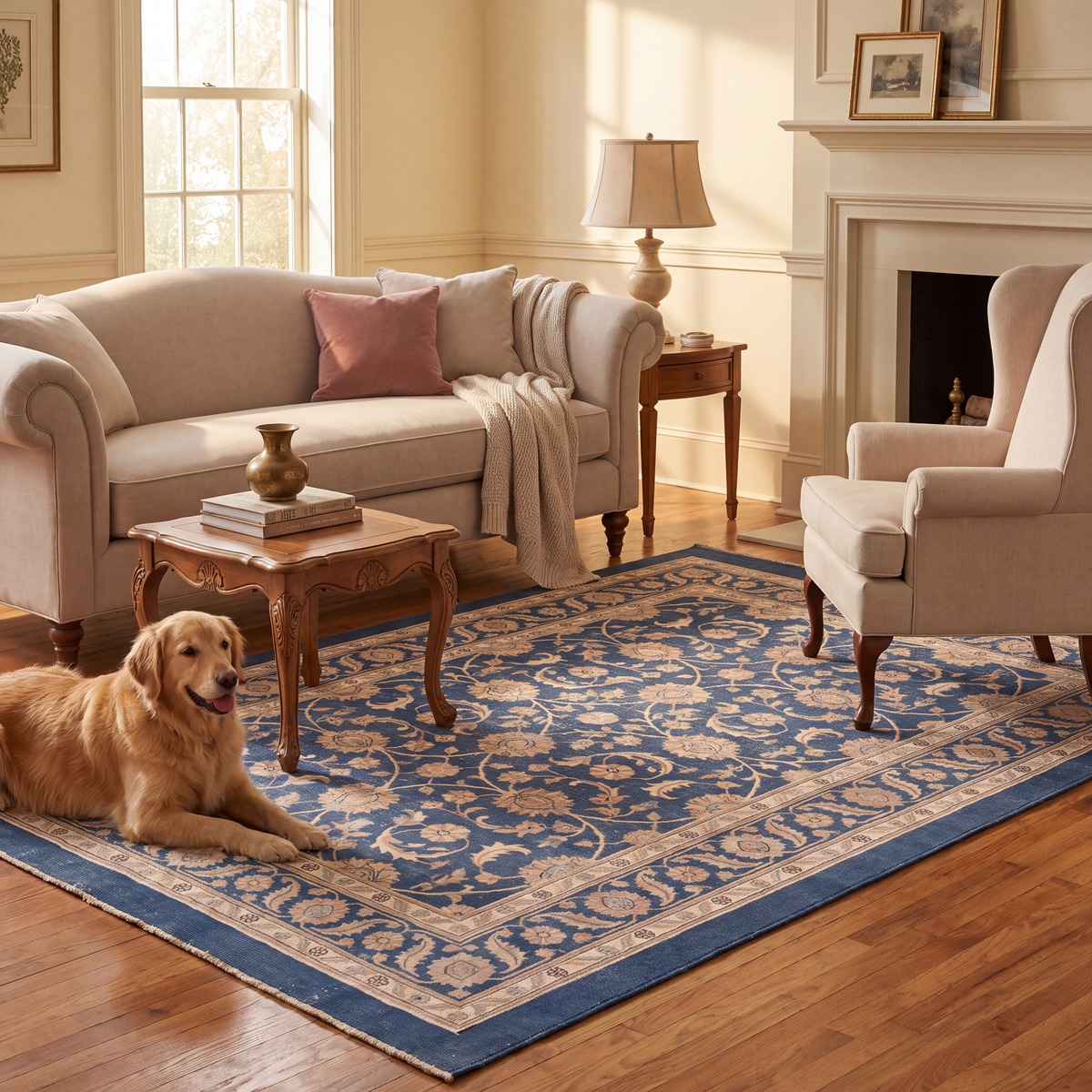 A dog resting on the rug in a living room.