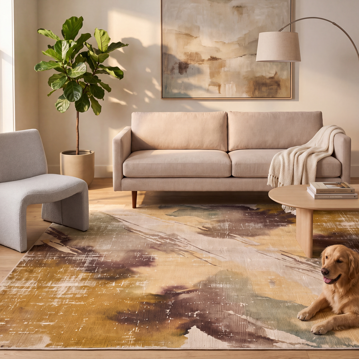 A dog resting on the rug in a living room.