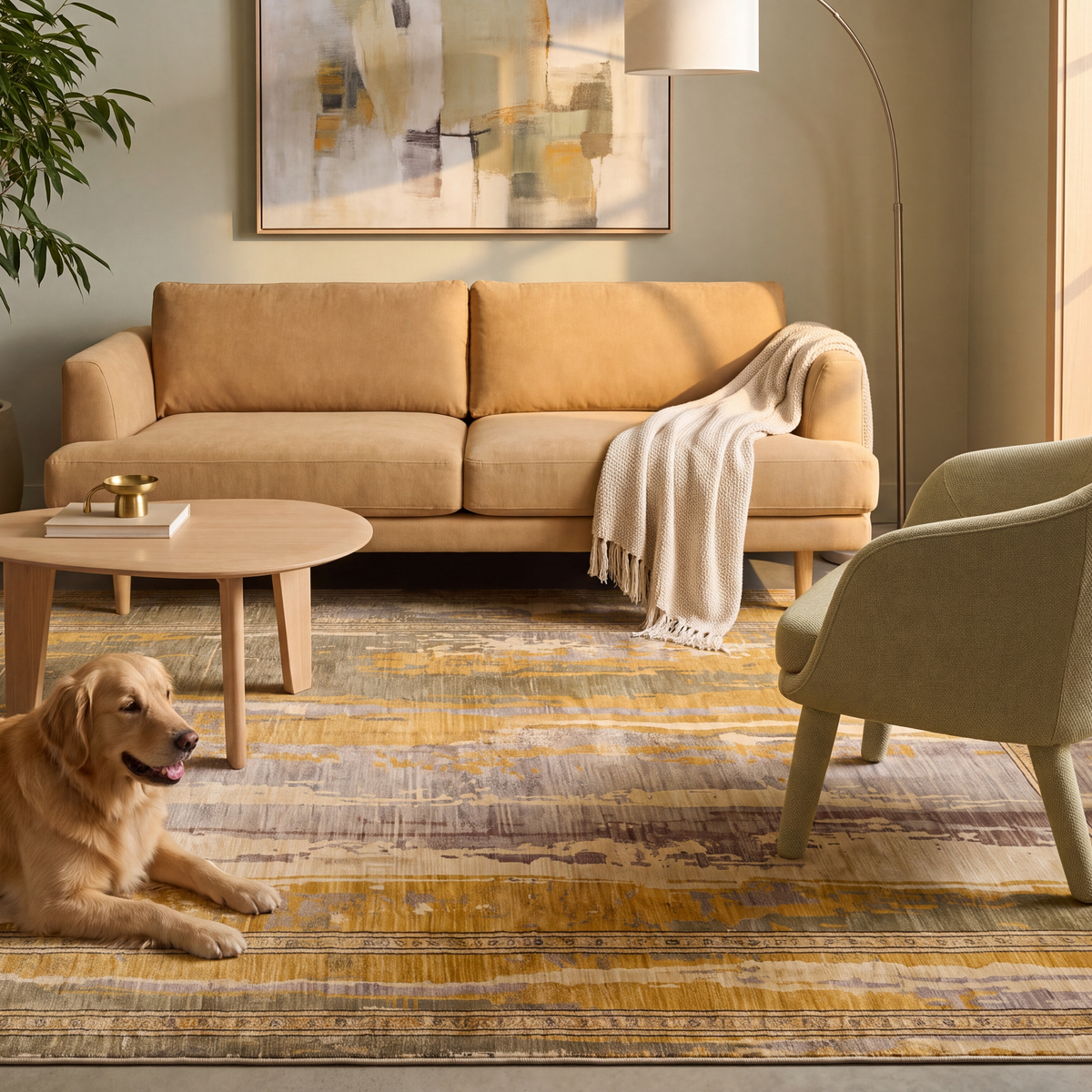 A dog resting on the rug in a living room.