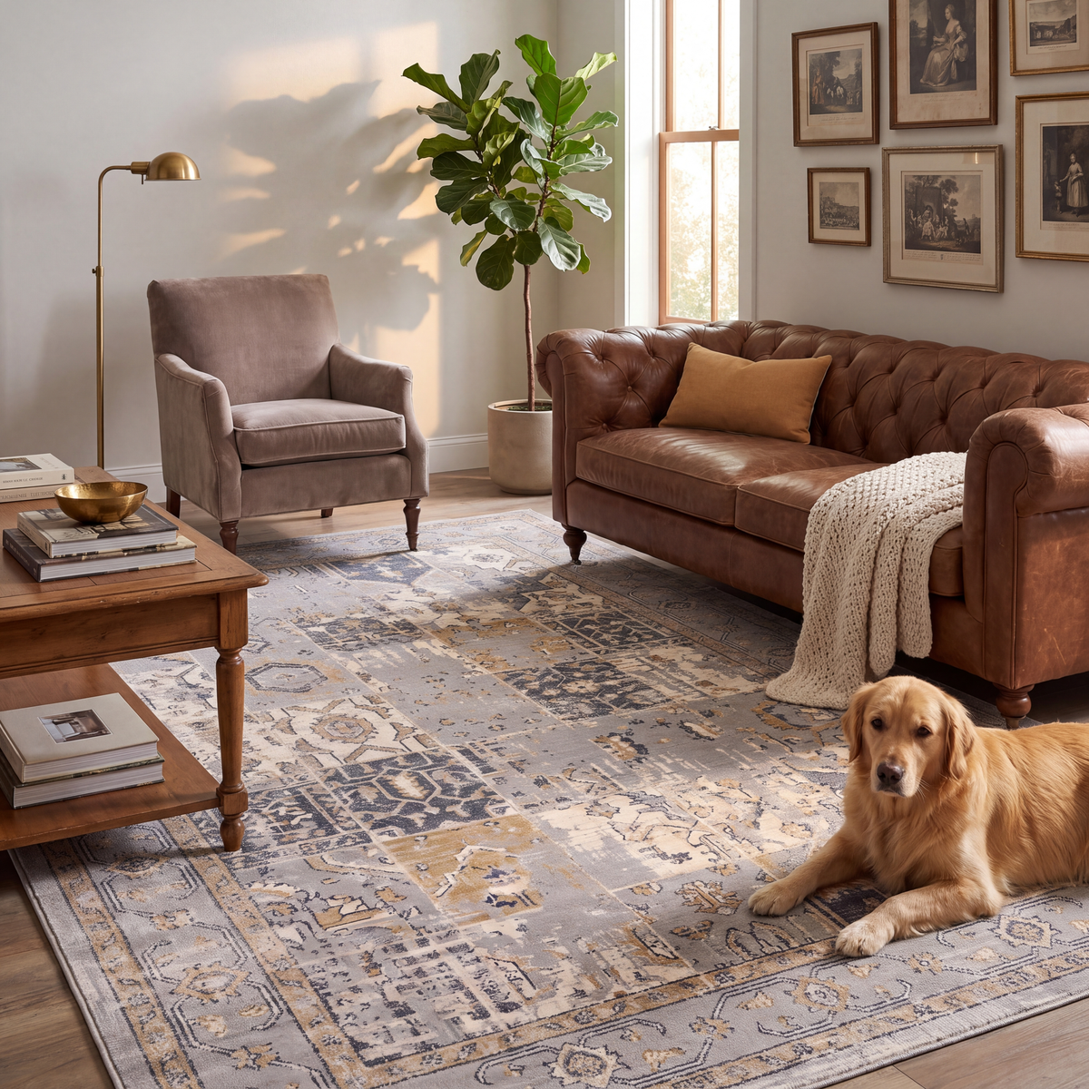 A dog resting on the rug in a living room.