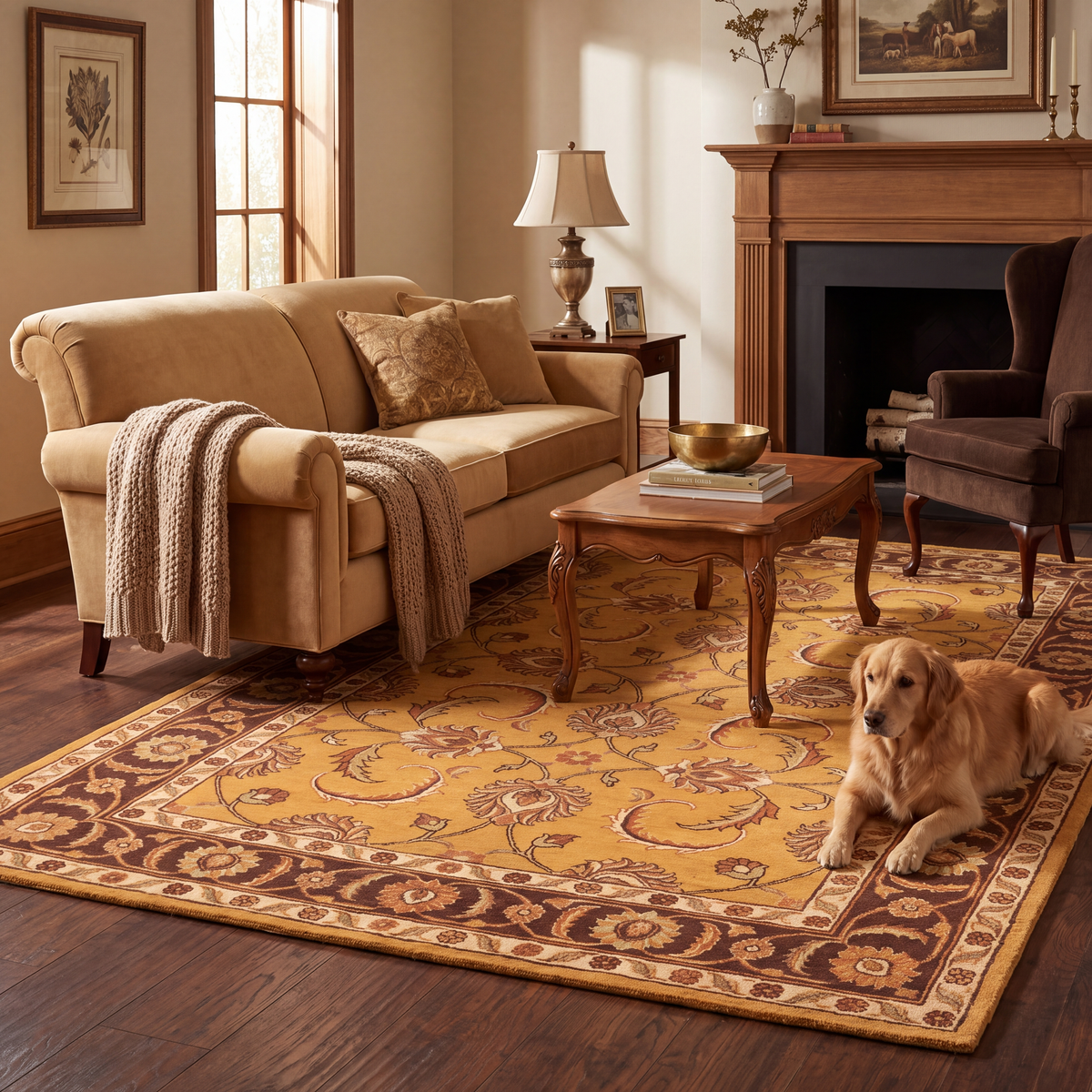 A dog resting on the rug in a living room.