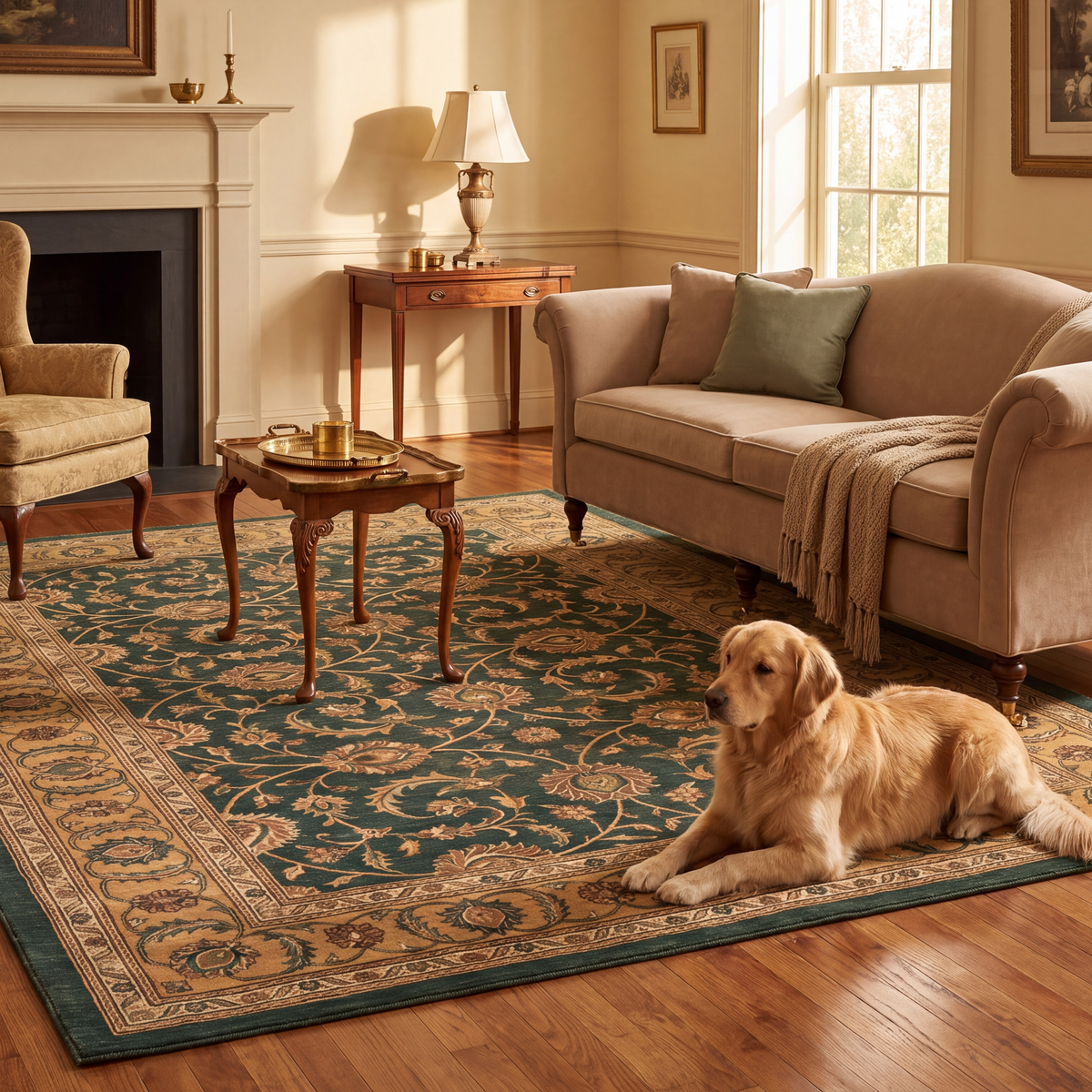 A dog resting on the rug in a living room.