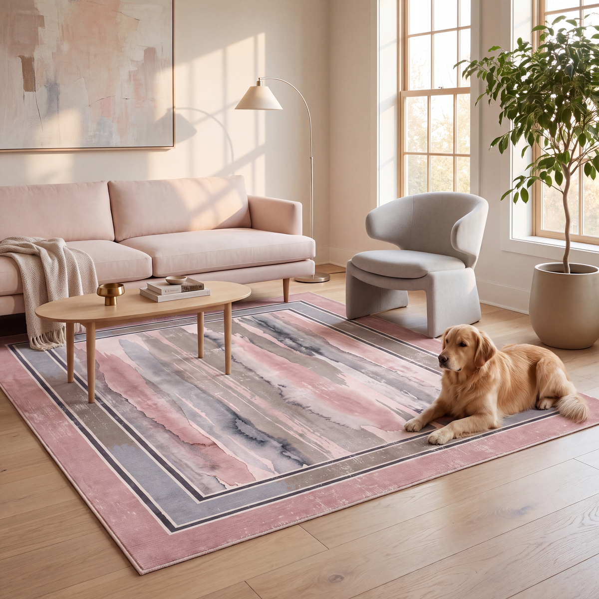 A dog resting on the rug in a living room.