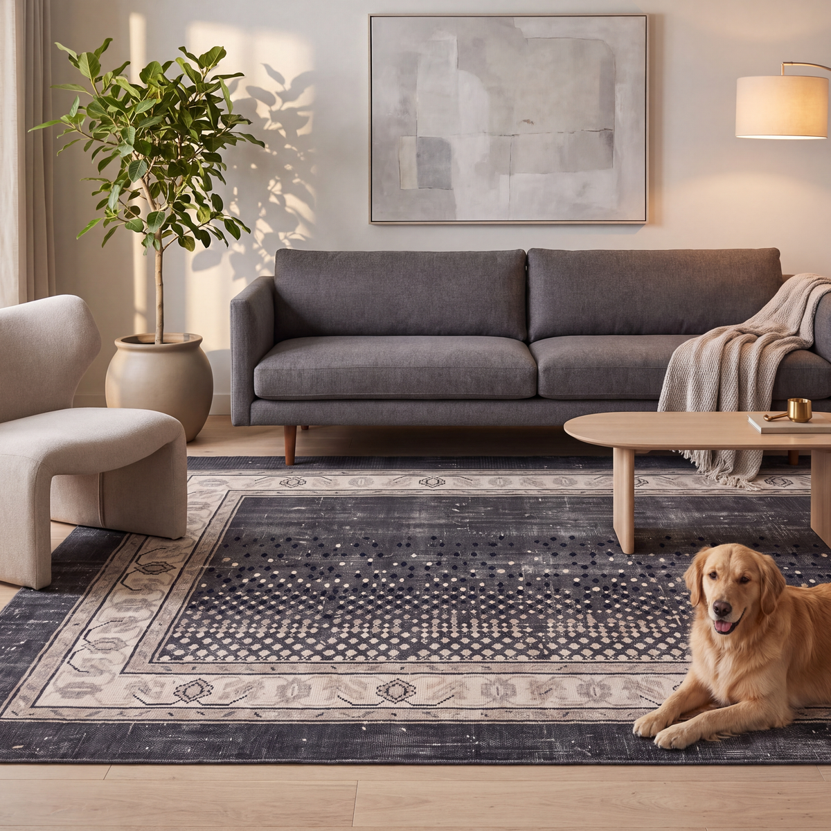 A dog resting on the rug in a living room.