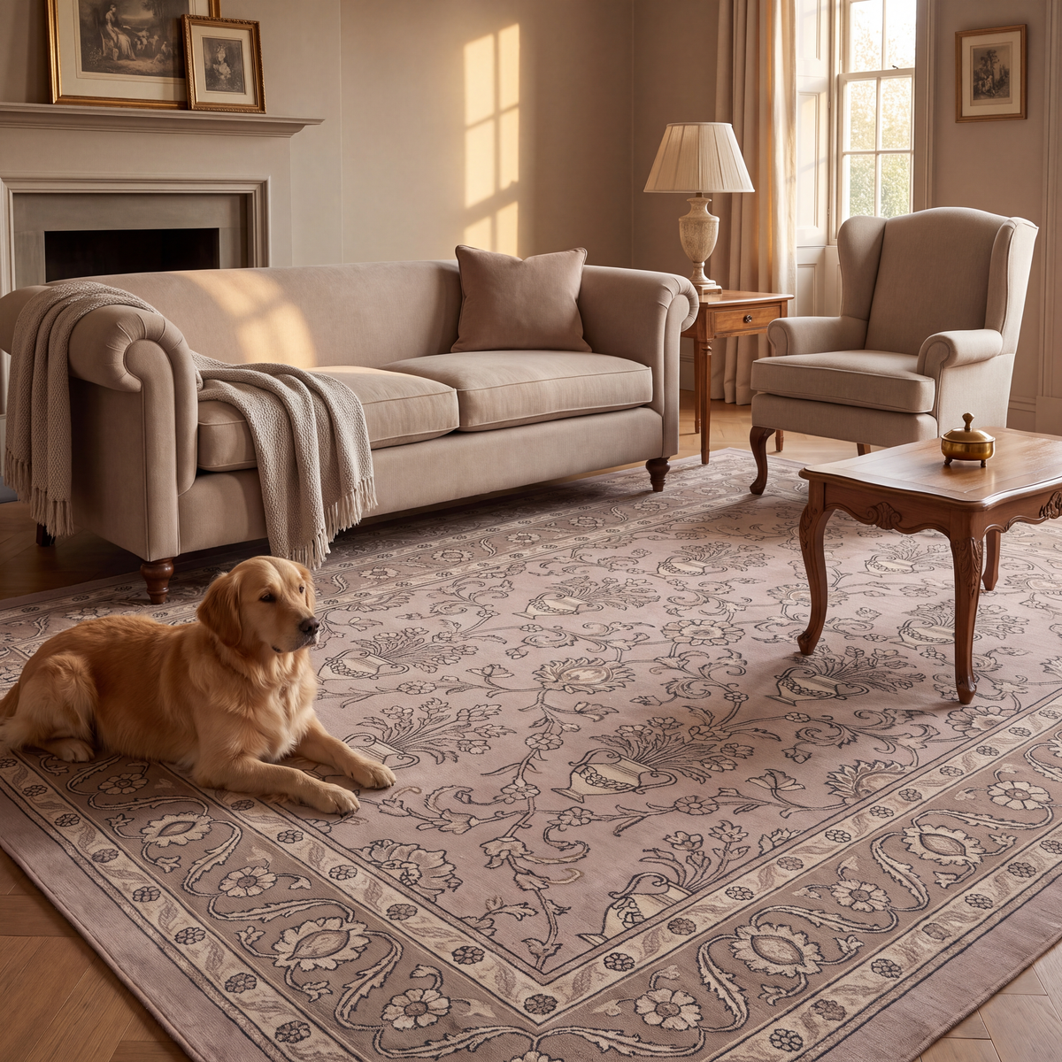 A dog resting on the rug in a living room.
