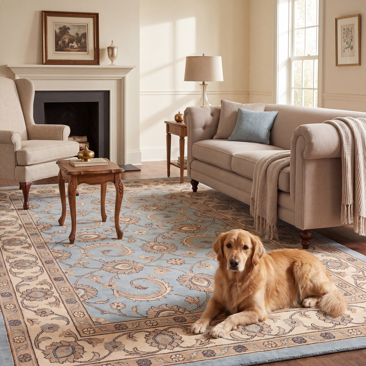 A dog resting on the rug in a living room.