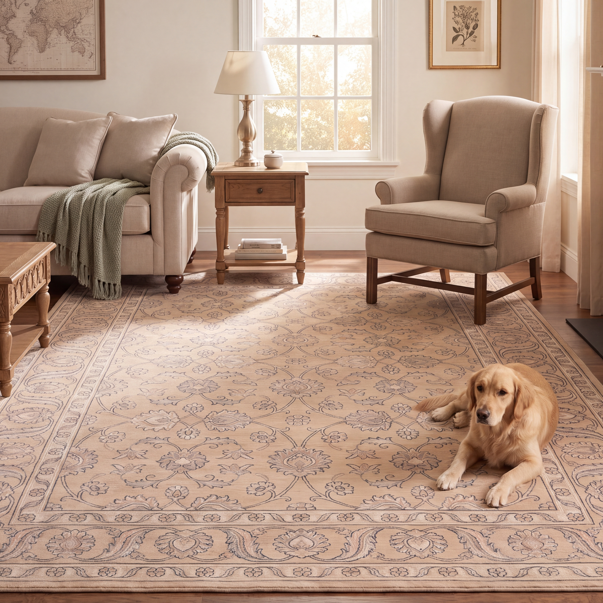 A dog resting on the rug in a living room.
