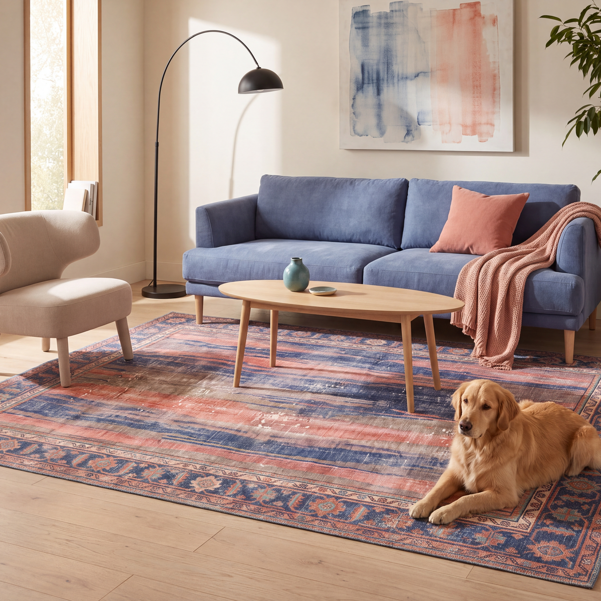 A dog resting on the rug in a living room.