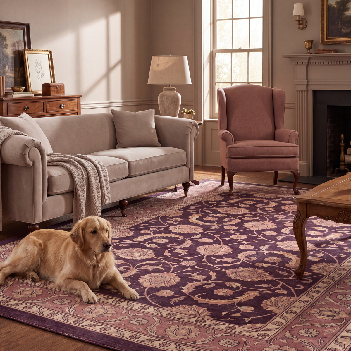 A dog resting on the rug in a living room.