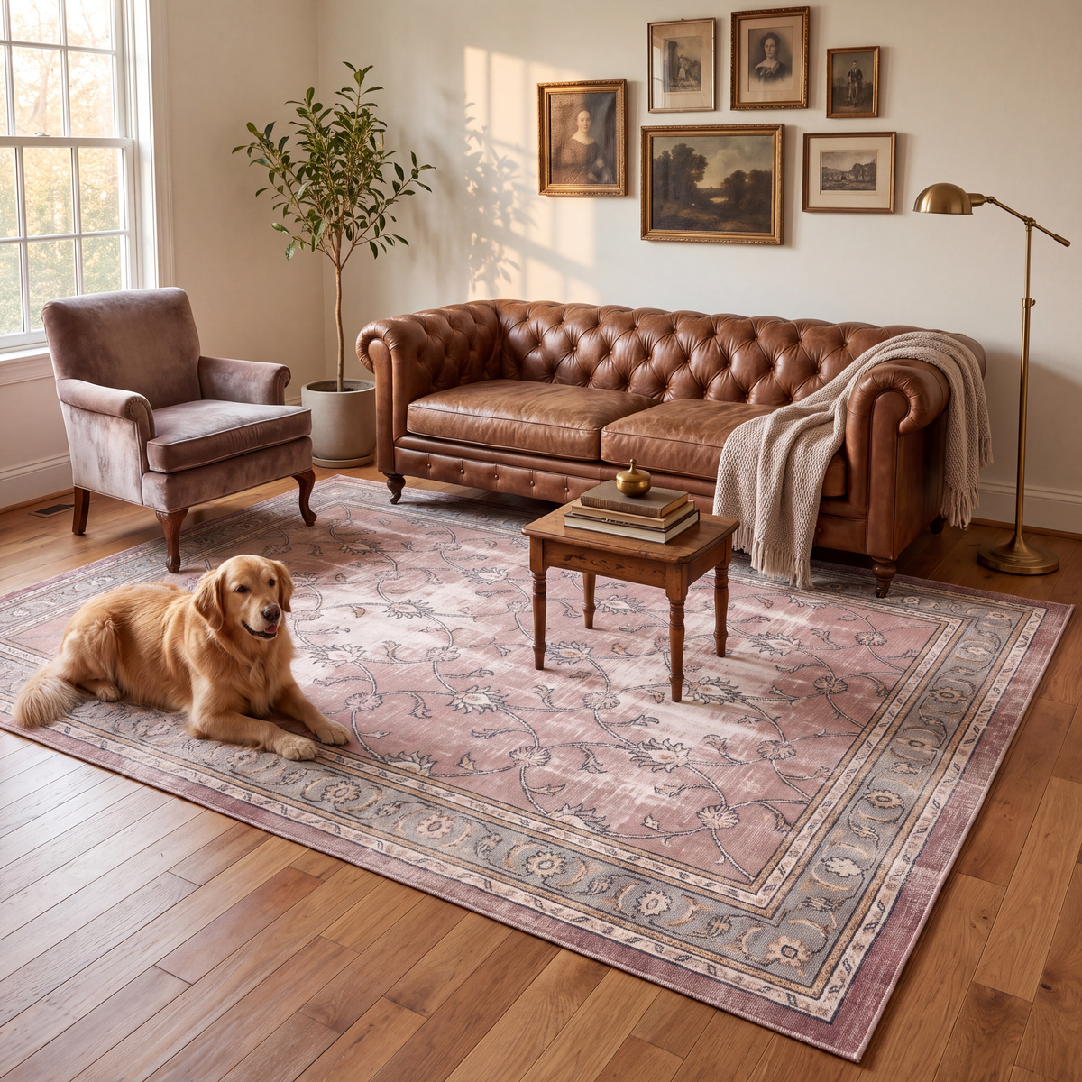 A dog resting on the rug in a living room.