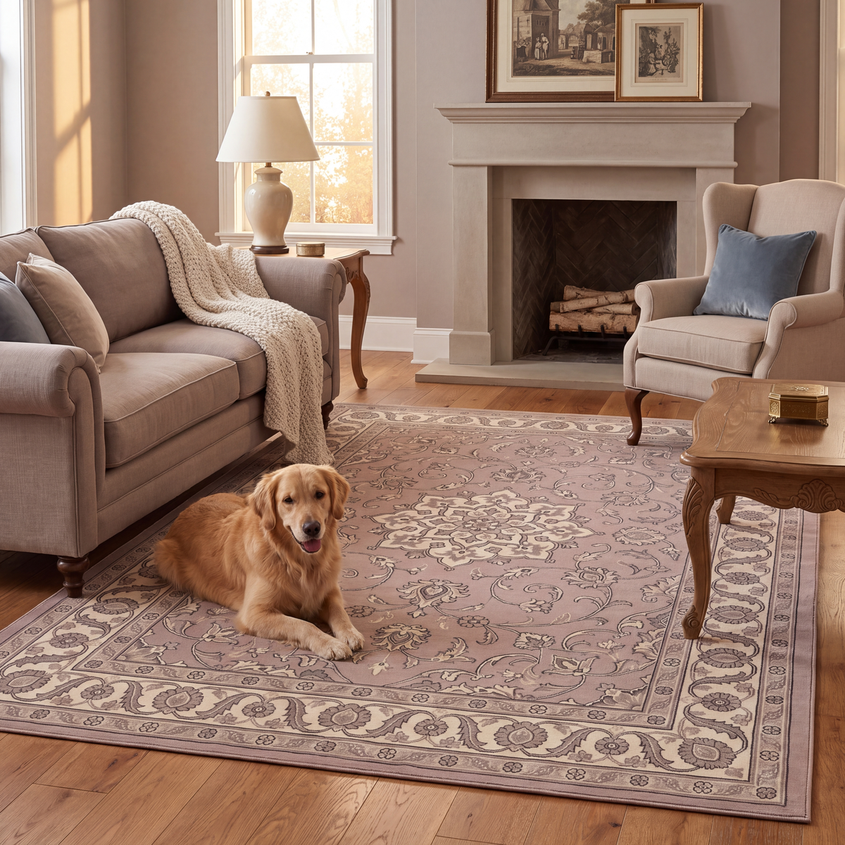 A dog resting on the rug in a living room.