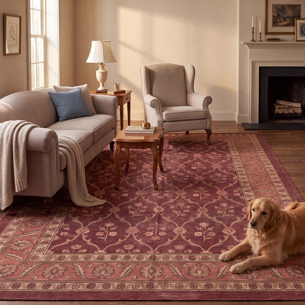 A dog resting on the rug in a living room.