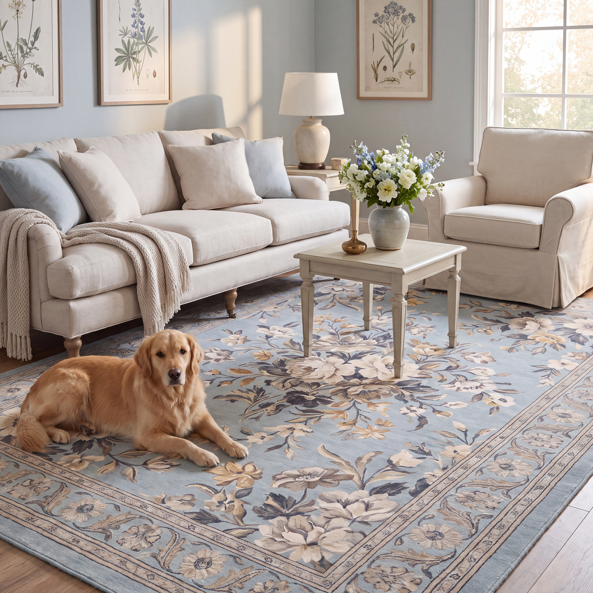 A dog resting on the rug in a living room.