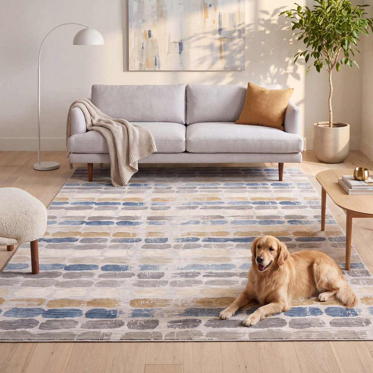 A dog resting on the rug in a living room.