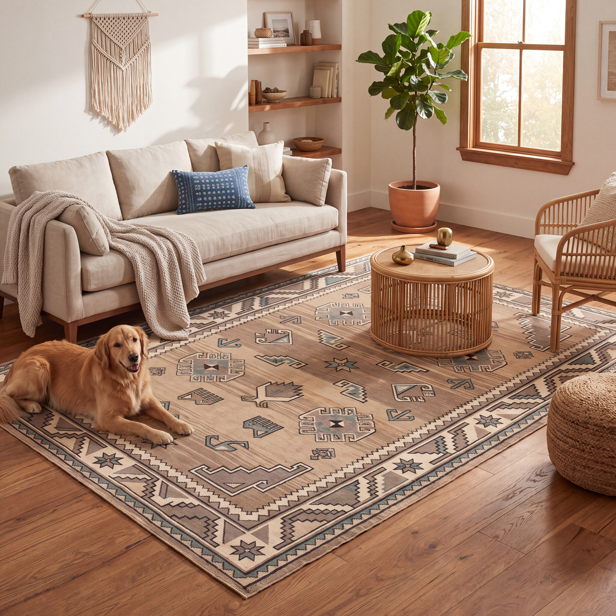 A dog resting on the rug in a living room.