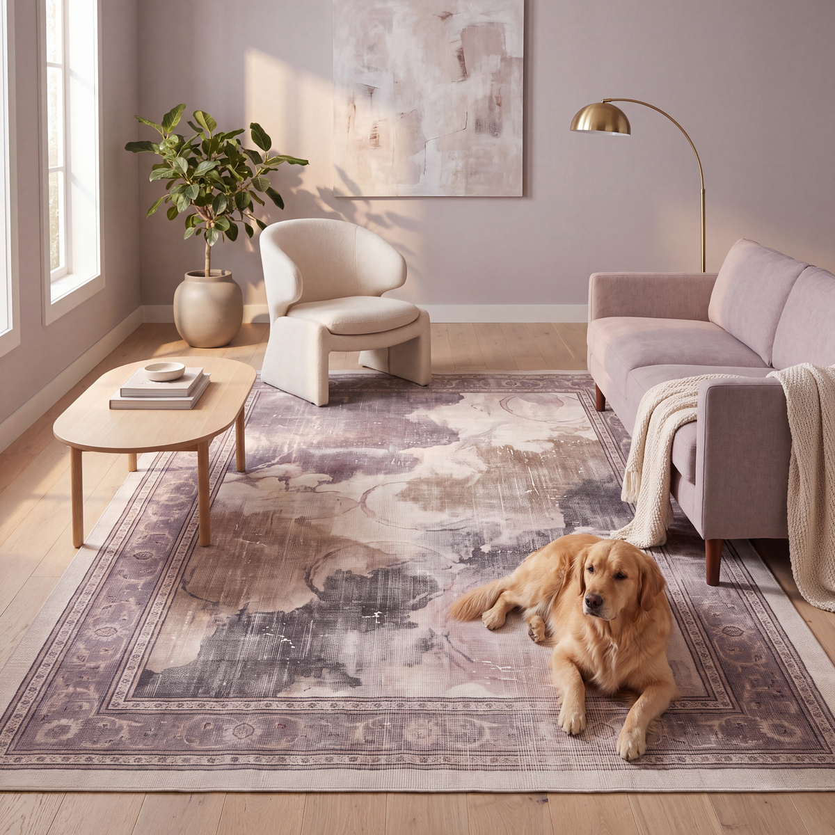 A dog resting on the rug in a living room.