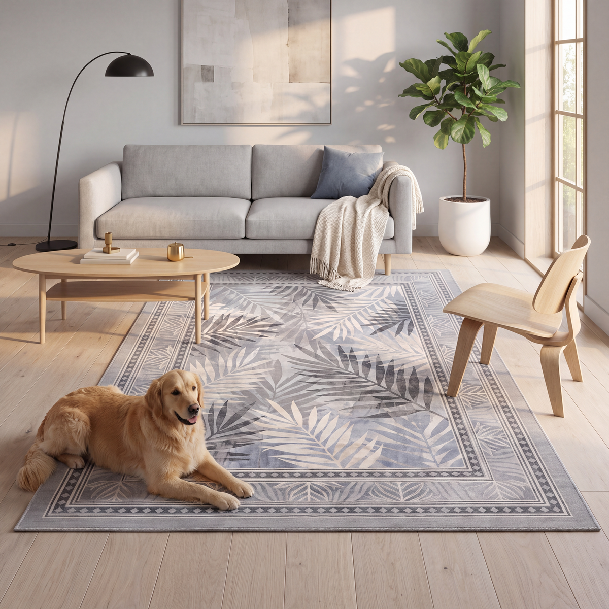 A dog resting on the rug in a living room.
